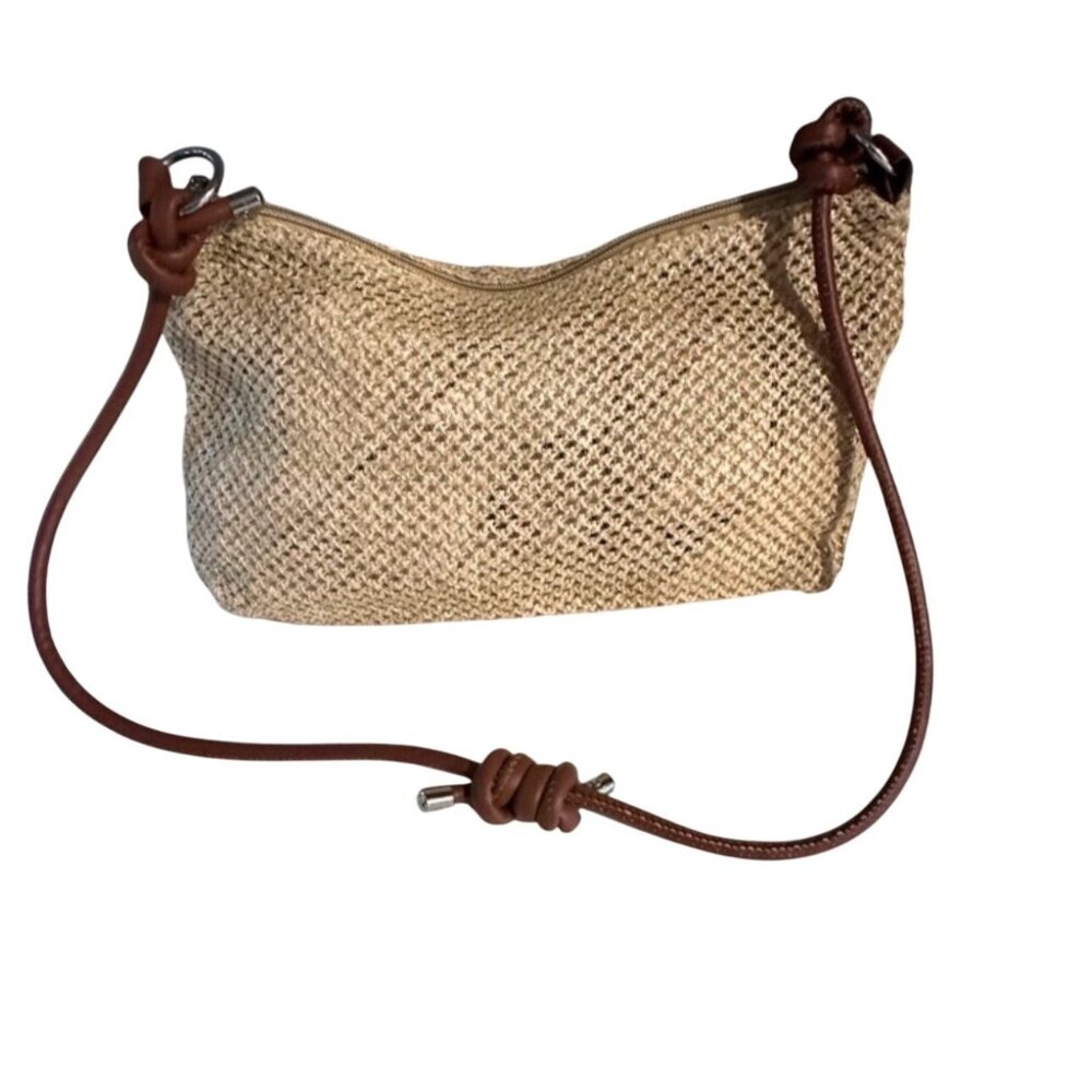 Woven Straw Shoulder Bag With Leather Strap